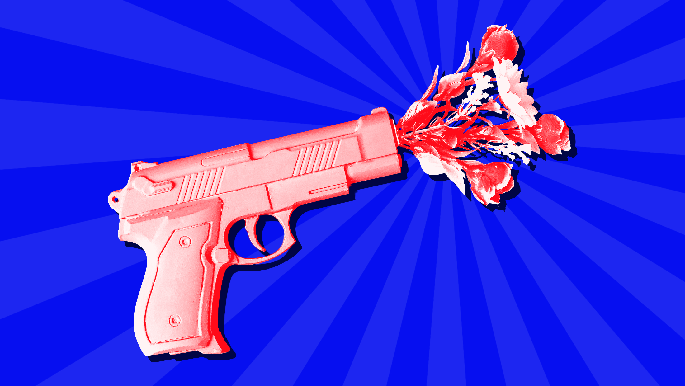 Blue background with red gun blowing out red flowers.