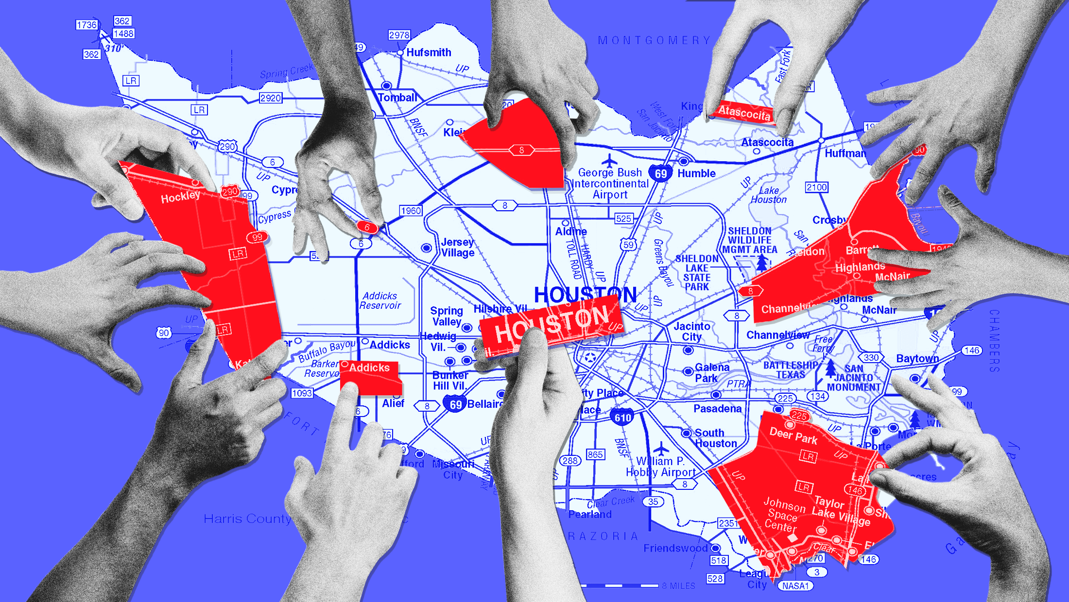 A blue map of Harris County surrounded by hands grabbing red colored pieces of it.