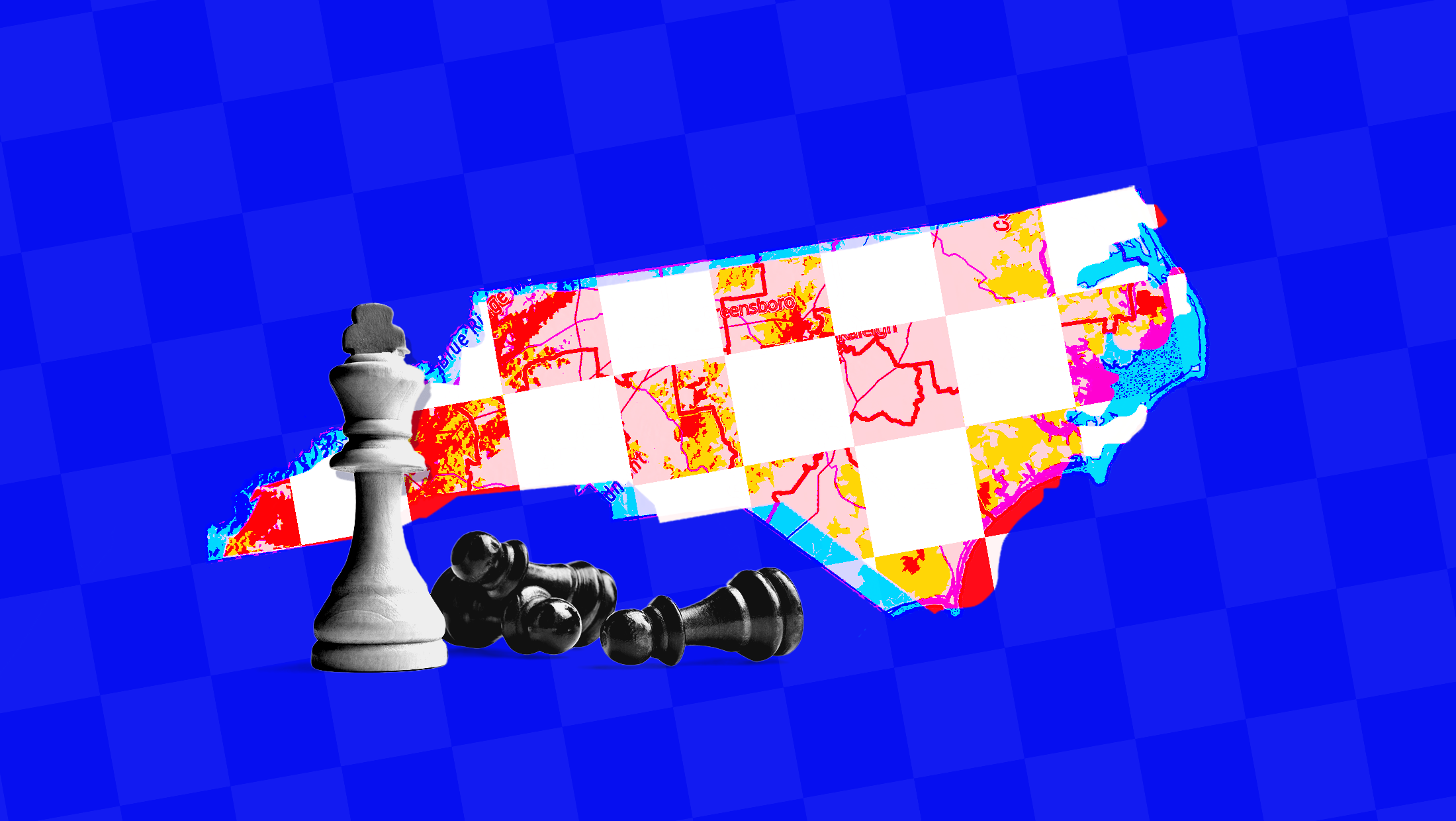 A chessboard in the shape of North Carolina's current congressional map on a dark blue background, with a white queen standing upright next to three overturned pawns.