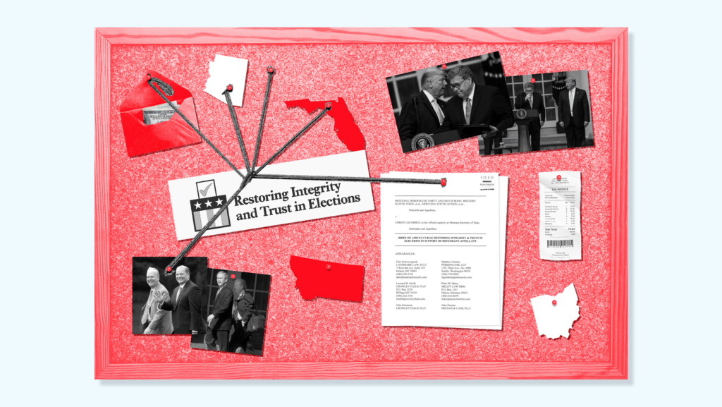 A red-tinted cork board with images of Karl Rove and Bill Barr; cutouts of Florida, Arizona, Ohio and Montana; excerpts from an amicus brief; a receipt and a paper that reads Restoring Integrity and Trust in Elections connected by thread and pushpins.