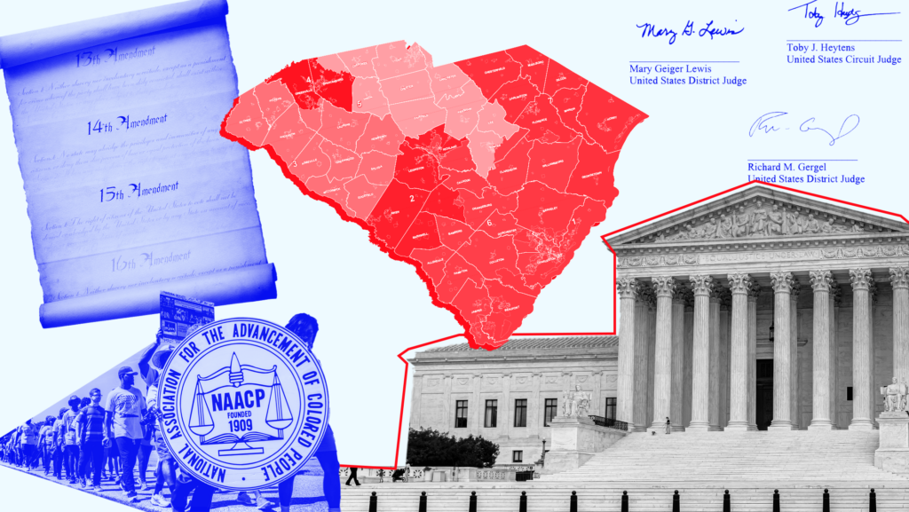 A collage over a light blue background. In the bottom right corner is a picture of the U.S. Supreme Court traced with a red outline and in the middle there is a red map of South Carolina's congressional districts. In dark blue, there are three judge's signatures in the top right corner of the collage. On the top left corner left there is an image of a scroll in dark blue that reads "14th Amendment" and "15th Amendment." In the bottom left corner there is an image of people marching and overlayed is the NAACP logo.