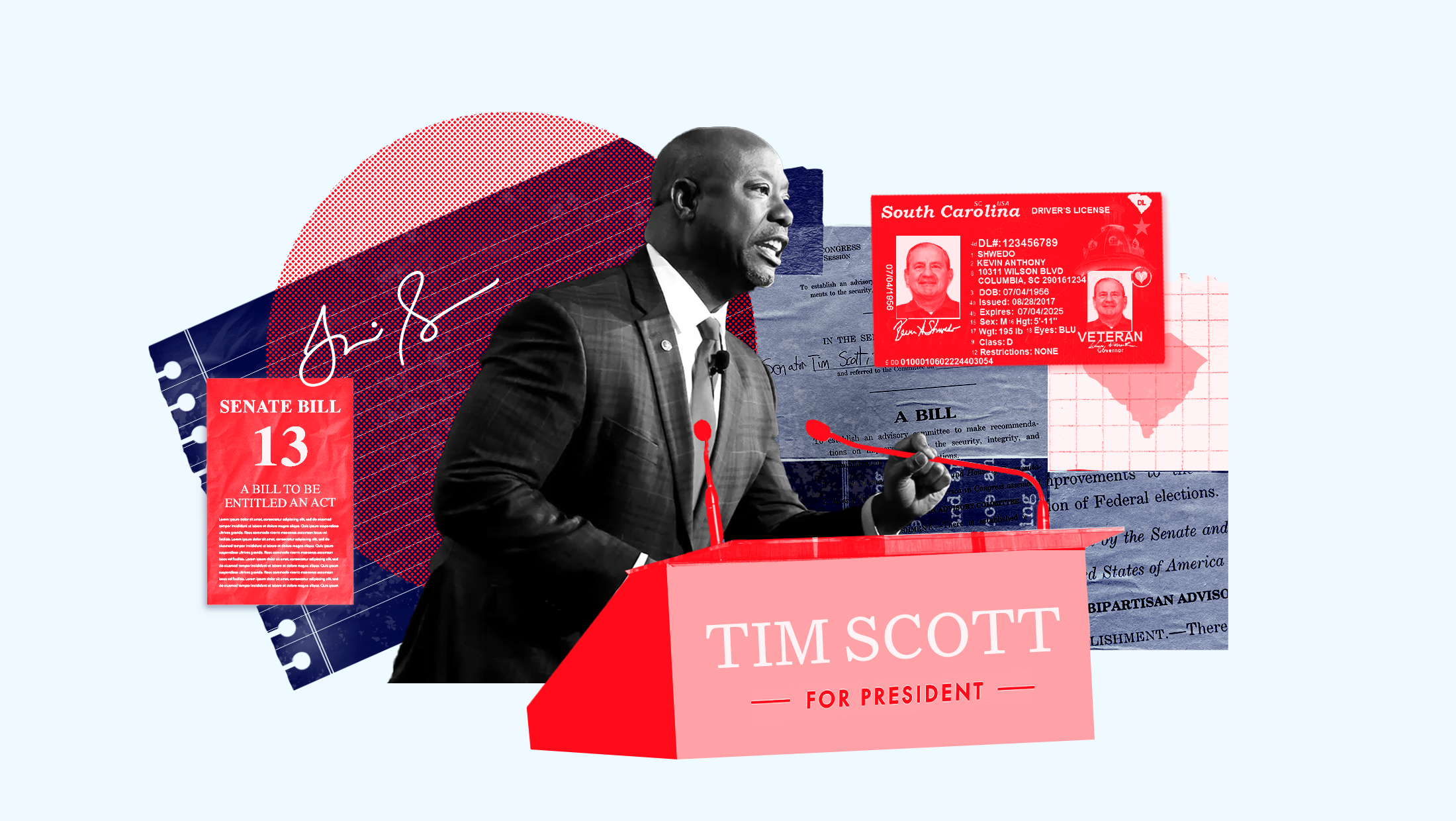 Tim Scott standing before a podium that says "Tim Scott for President" surrounded by cut out images of his signature, a South Carolina ID, and the text of Senate Bill 13.