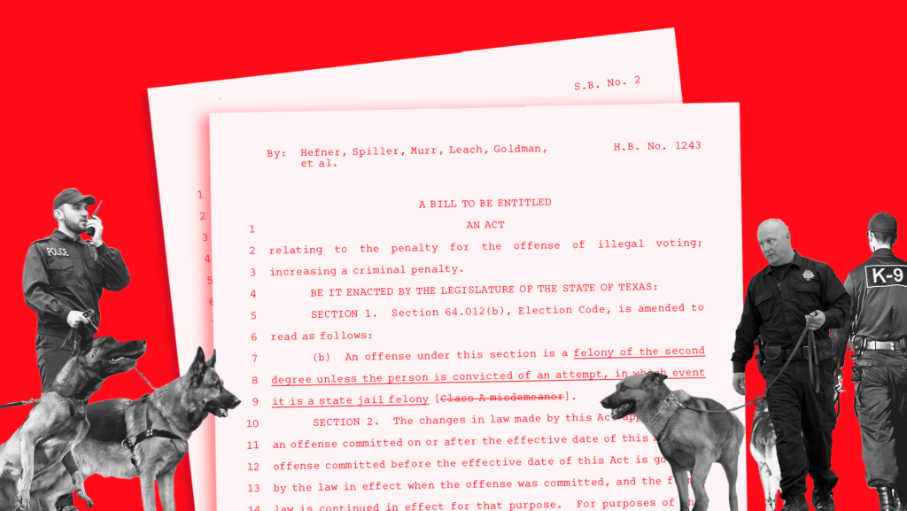 Red background with black and white images of police with K-9 dogs and a light red-toned image of bill text for H.B. 1243 and S.B. 2.
