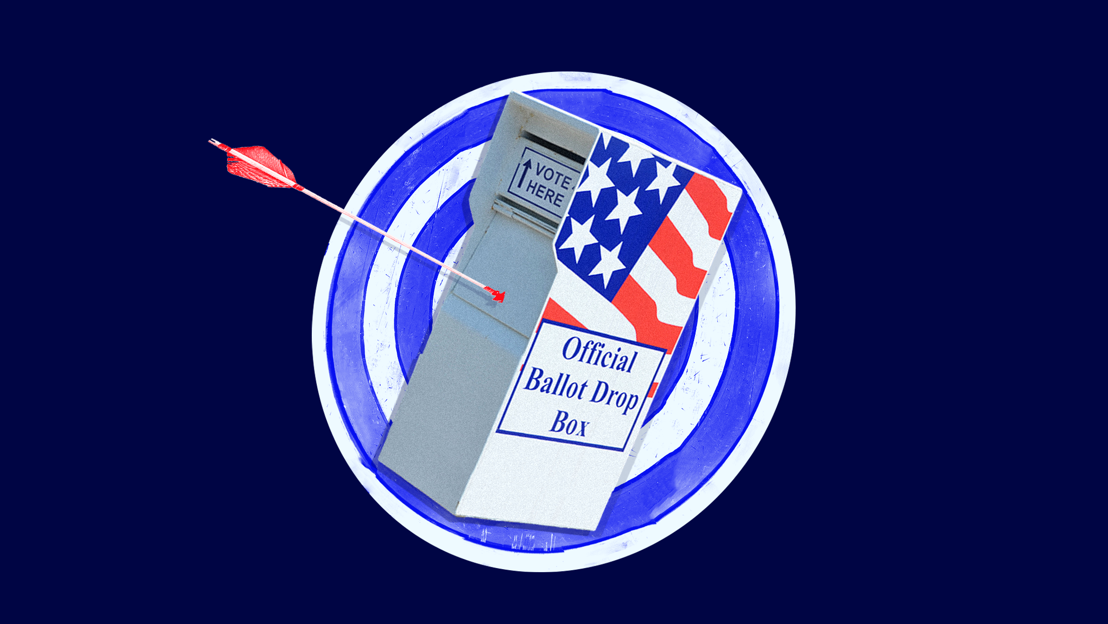 A ballot drop box with an arrow sticking out of it on a blue target.