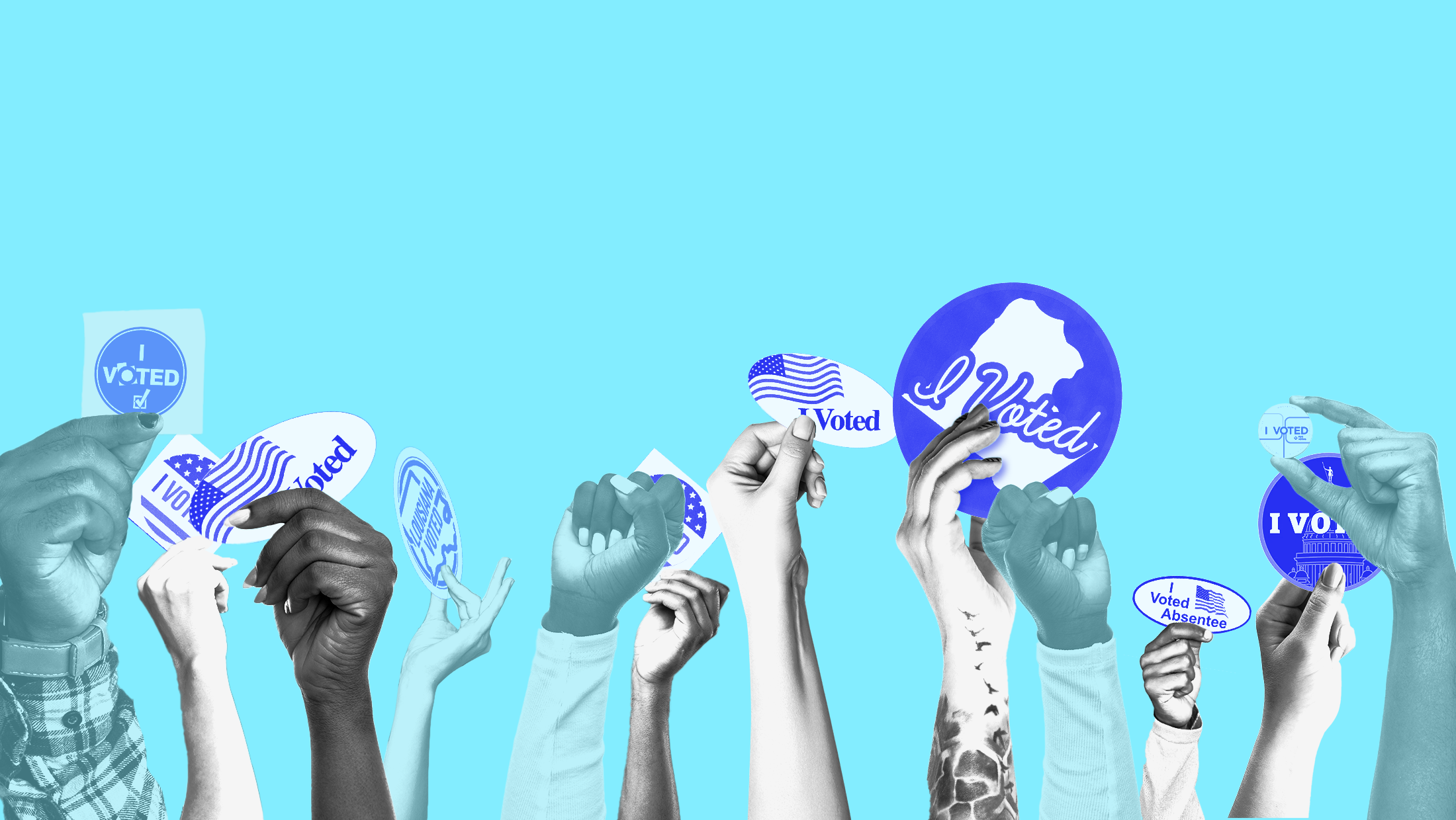 Light blue background with images of young people's hands holding blue and white I Voted stickers.