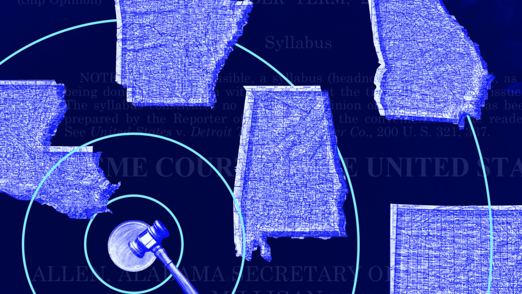 Blue tinted state shapes of Alabama, Louisiana, Georgia and Arkansas on a dark blue background overlaying the syllabus for the Allen v. Milligan Supreme Court opinion with a gavel creating waves.