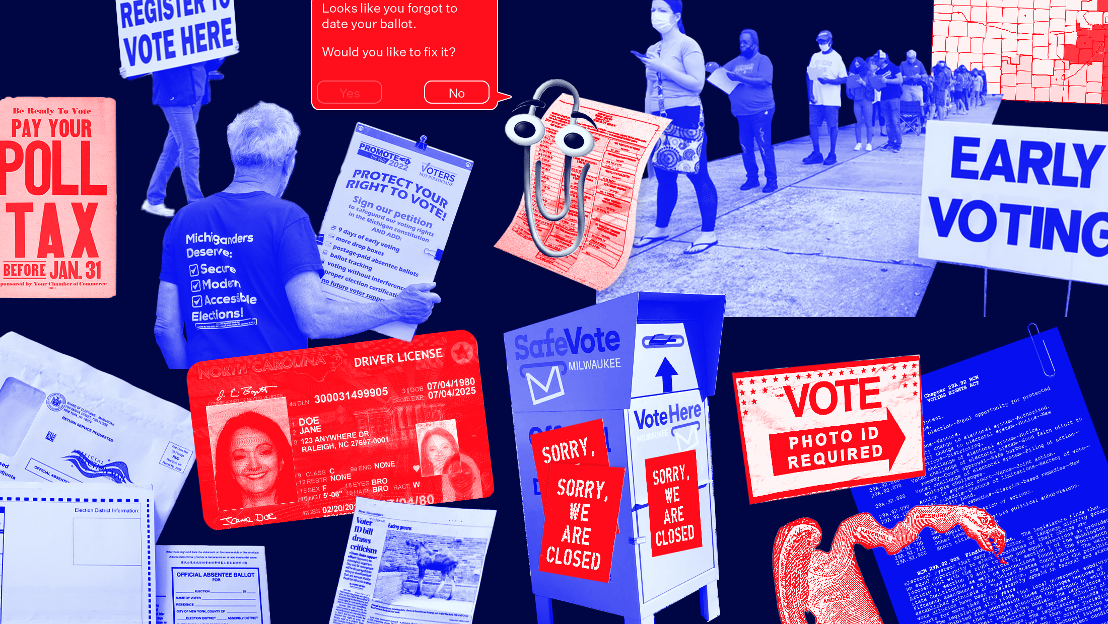 Mutiple objects colored in blue and red represetnting different aspects of voting, including photo IDs, the infamous gerrymandering cartoon, voters in line, drop box, mail-in ballots and more.