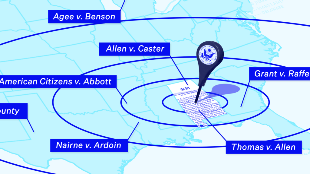 A teal blue map of the United States with a pinpoint over Alabama and Section 2 of the Voting Rights Act. Concentric blue circles reverberate out from this pinpoint across the United States. Six case captions are scattered across the map of the United States including: Agee v. Benson, Allen v. Caster, League of United Latin American Citizens v. Abbott, Grant v. Raffensperger, Nairne v. Ardoin and Thomas v. Allen.