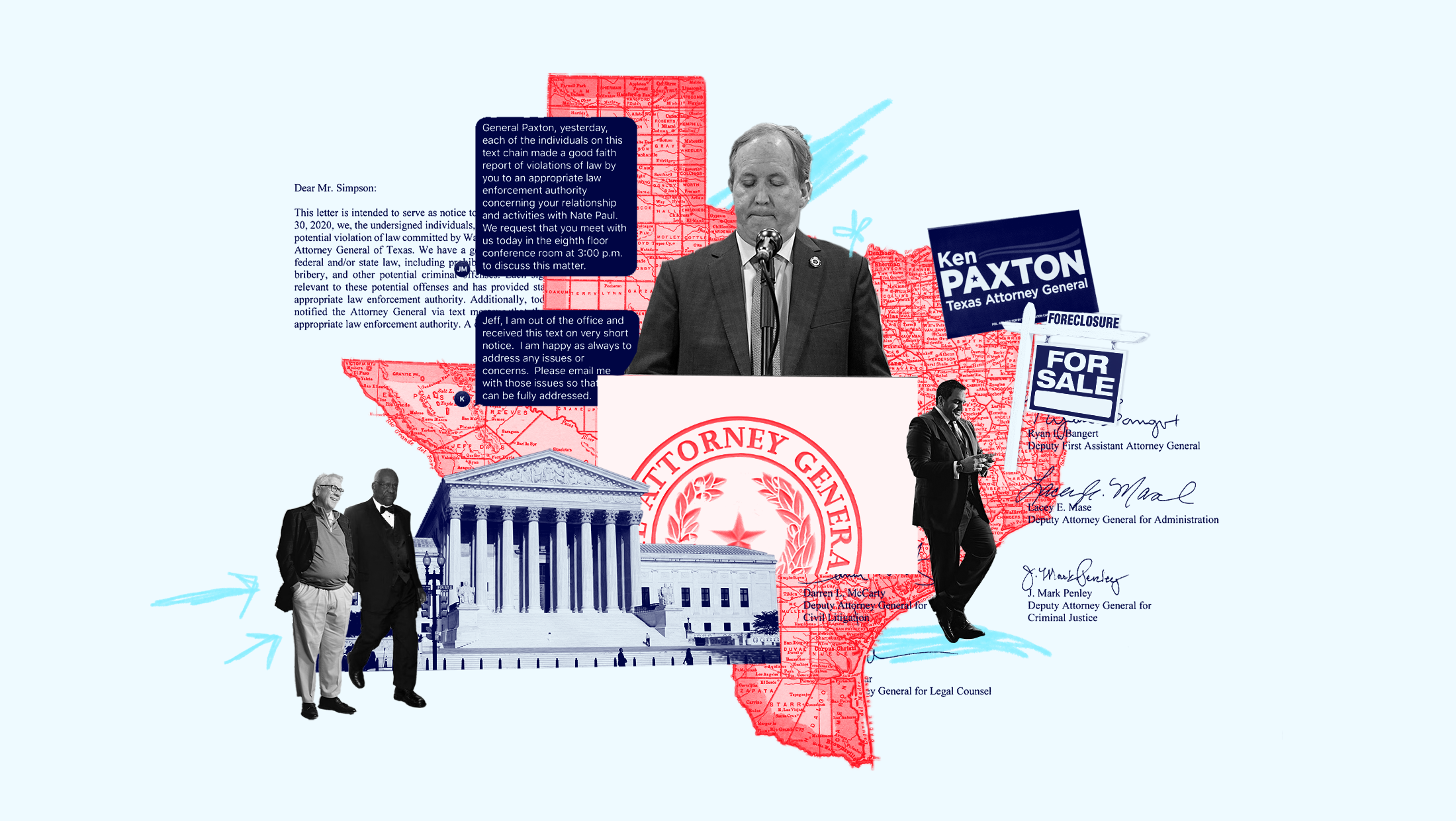Light blue background with an image of Texas Attorney General Ken Paxton (R) in the middle standing at a podium, Justice Clarence Thomas and Harlan Crow on the bottom left, an image of real estate developer Nate Paul, screenshots of text messages to Paxton, a Ken Paxton for Attorney General lawn sign, a Foreclosure For Sale sign all in front of a red toned map of Texas.
