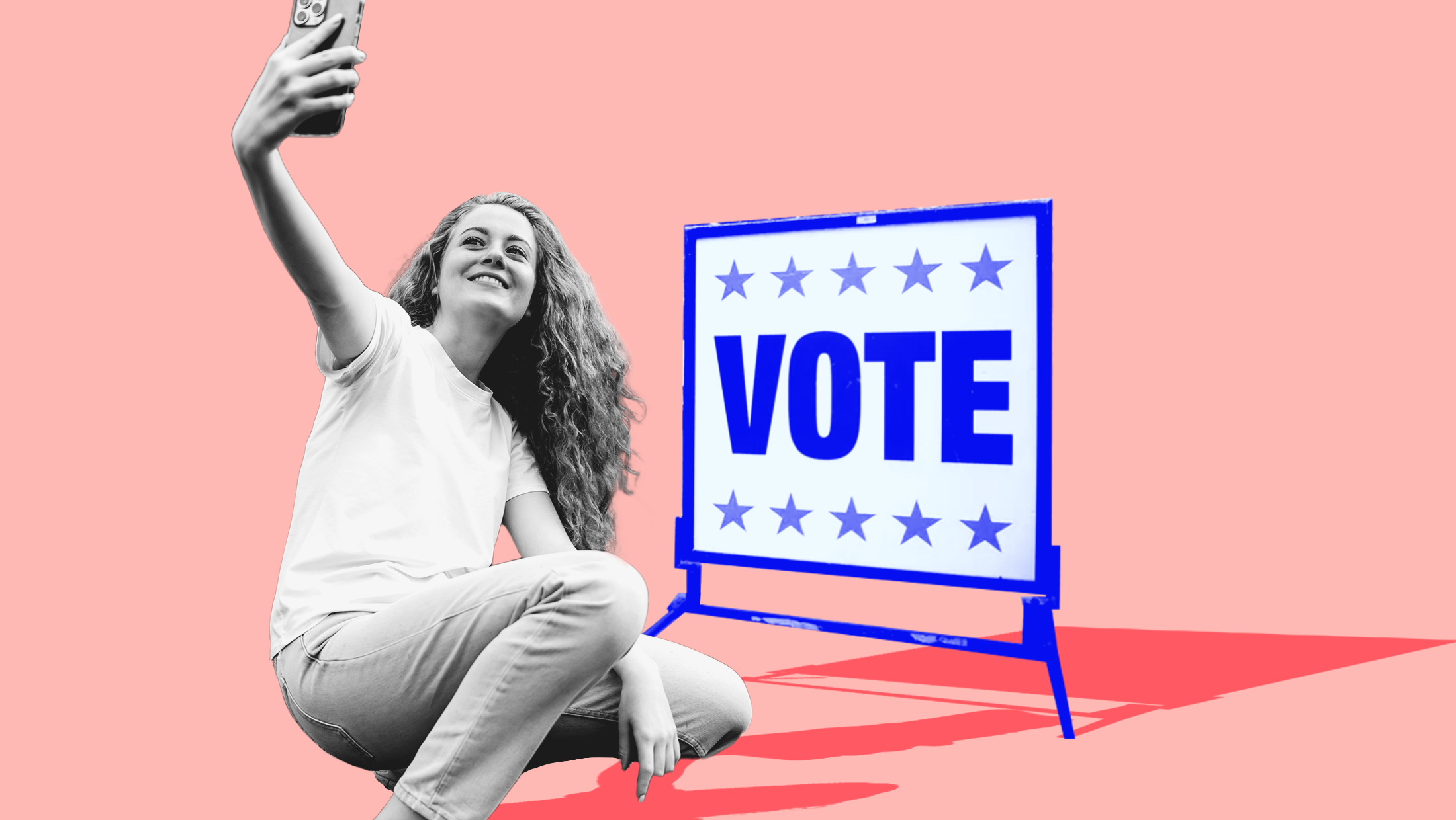 Red background with image of a young voter holding her phone up for a selfie in front of a blue-toned "Vote" sign.