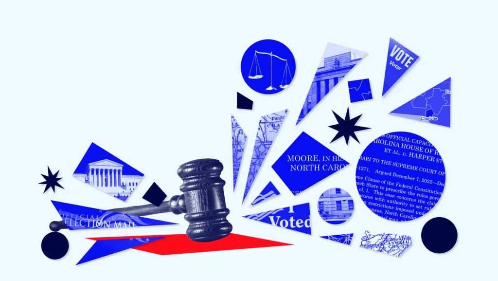 Light blue background showing a gavel banging with shards of lighter blue surrounding the gavel depicting the North Carolina congressional maps, "I Voted" sticker, US Supreme Court building and snippets from the Moore v Harper opinion.