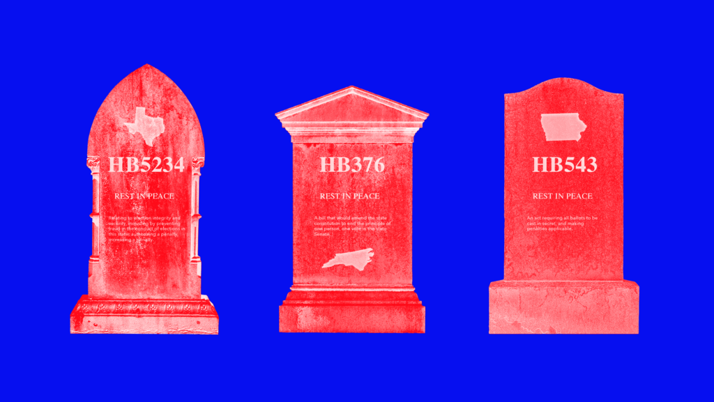 Three red tombstones for TX HB 5234, NC HB 376 and IA HB 543 on a dark blue background.