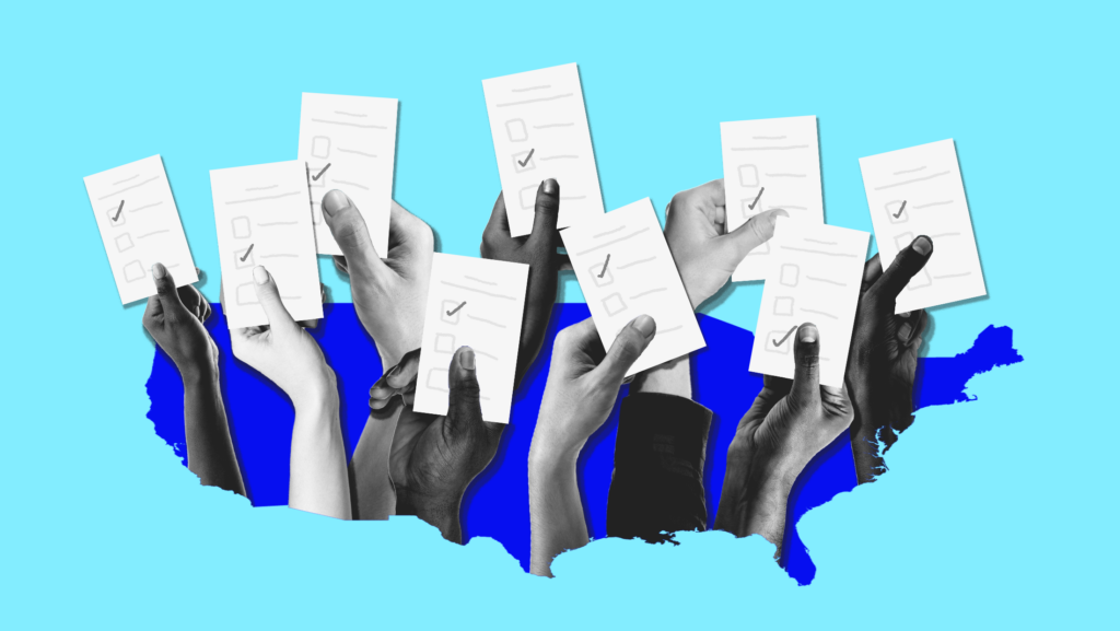 Light blue background with blue-toned shape of the United States and people's hands in the shape of the country holding up ballots.