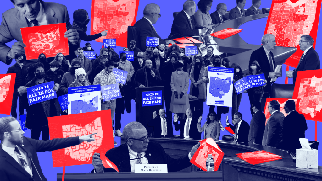 Blue background with dark blue toned images of the Ohio Redistricting Commission and members of the Ohio Legislature and also images of voters holding signs that read "OHIO IS ALL IN FOR FAIR MAPS." There are also red-toned images of different versions of Ohio's congressional map.