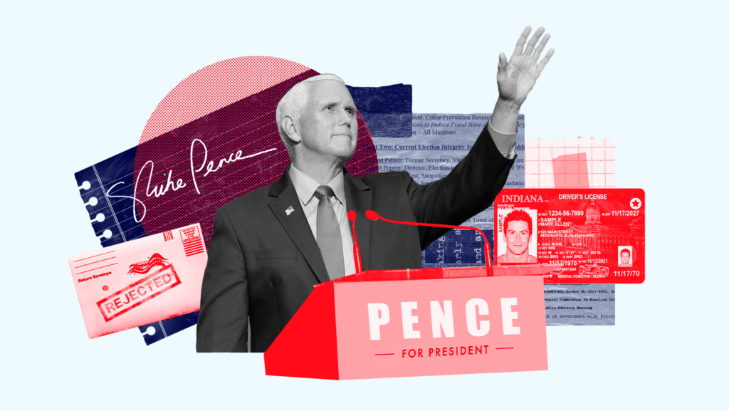 Mike Pence standing before a podium that says "Pence for President" surrounded by cut out images of his signature, rejected mail ballots, text of the election integrity commission and an Indiana photo ID.