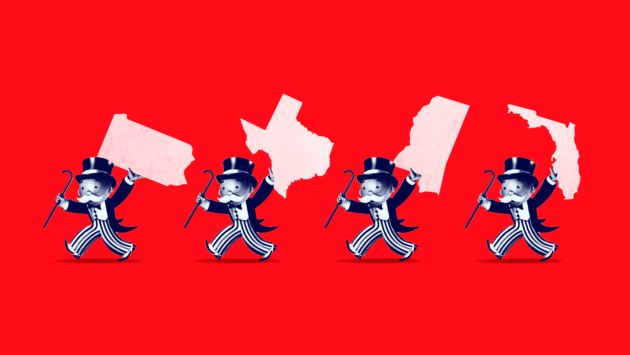 Red background with four Monopoly men carrying various state shapes, from the left: Pennsylvania, Texas, Mississippi and Florida.