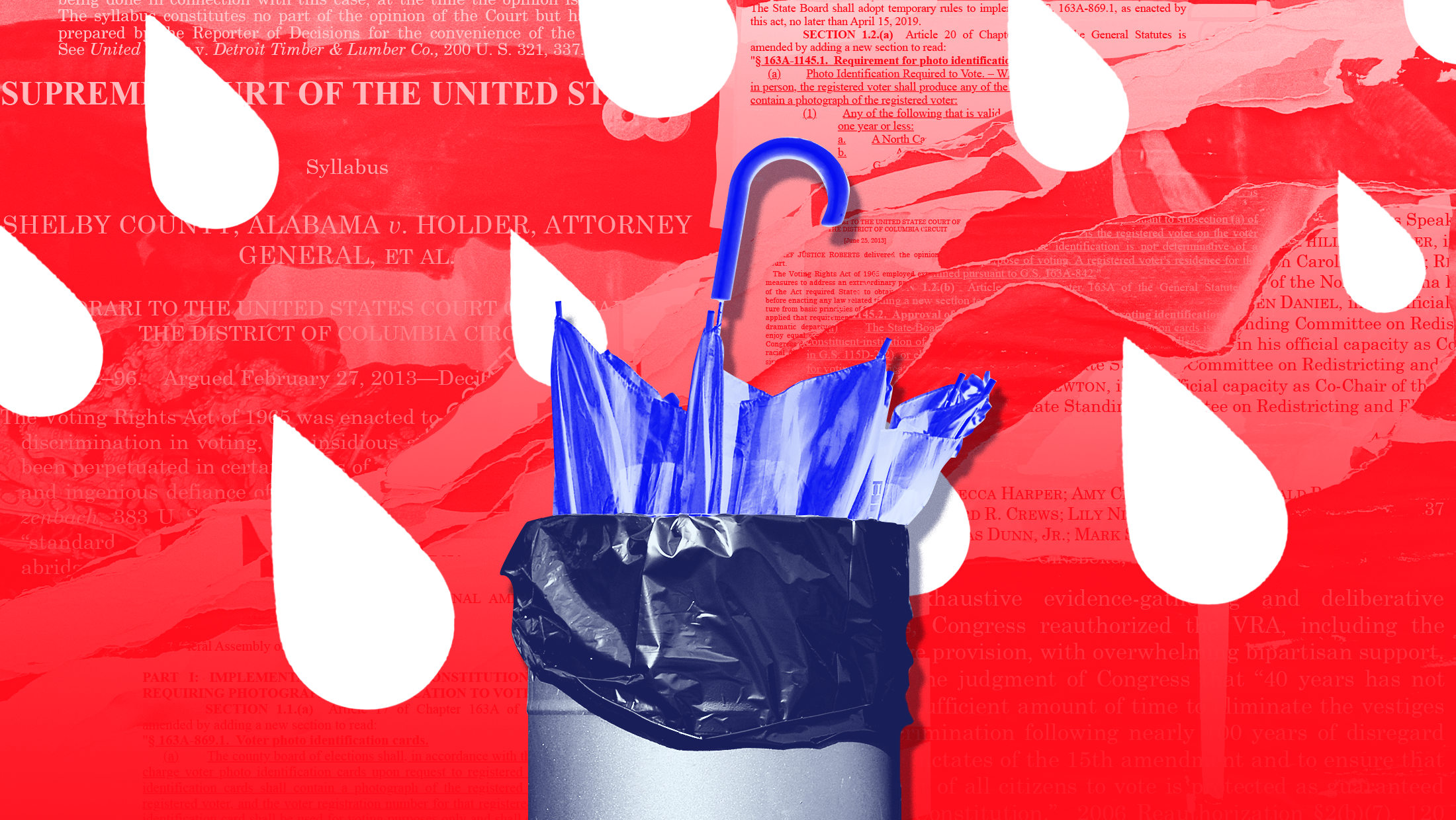 Red background with blue umbrella in a blue trash can with white raindrops falling. There is a faint overlay of Shelby County v. Holder on the red background