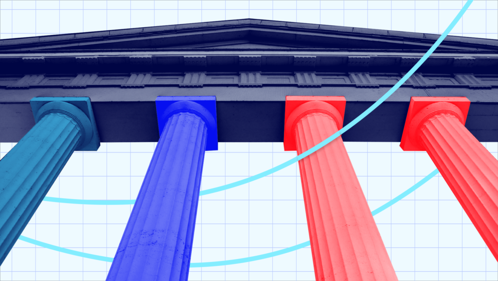 A front portion of the U.S. Supreme Court Building with teal, blue and red colored pillars, with two light blue lines in the background on graph paper.