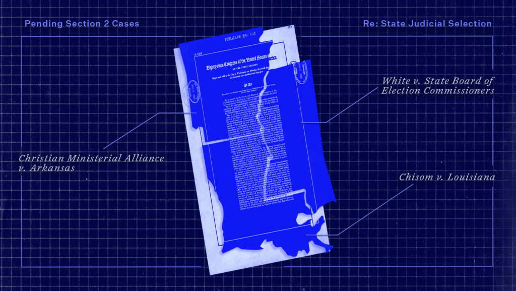 A bright blue Mississippi, Louisiana and Arkansas have white bill text over load on them. The background is a dark blue checkered pattern with "Pending Section 2 Cases" in the upper left corner and "Re: Judicial Selection" in the upper left corner.