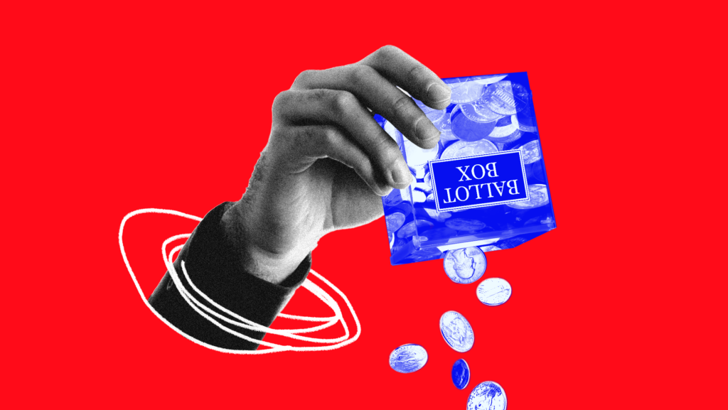 Red background with blue-toned image of someone dumping out coins from a piggy bank that says "Ballot Box" on it