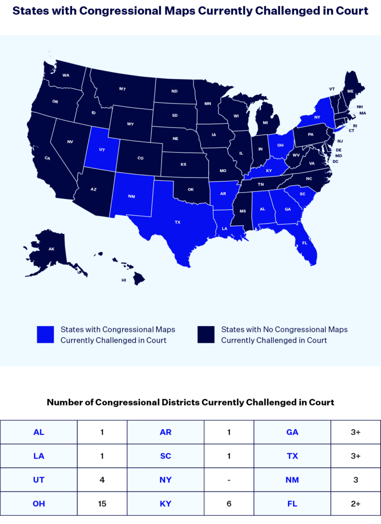 Map of the United States titled: States With Congressional maps Currently Challenged in Court. States in royal blue are states with congressional maps challenged in court. States in dark blue do not have congressional maps currently being challenged in court. 