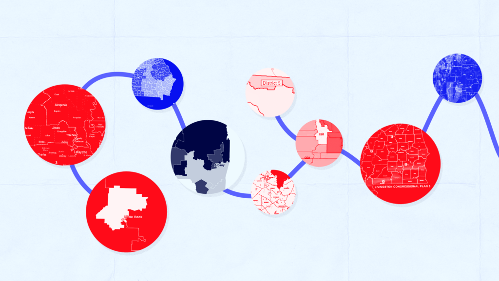 Light blue background overlayed by a collage of nine blue and red circles connected by a blue line. Each circle is a zoomed-in portion of a congressional map.