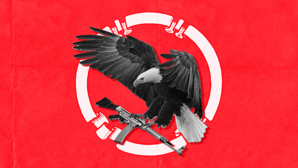 Red background with image of eagle inside a white circle holding a gun in its talons.