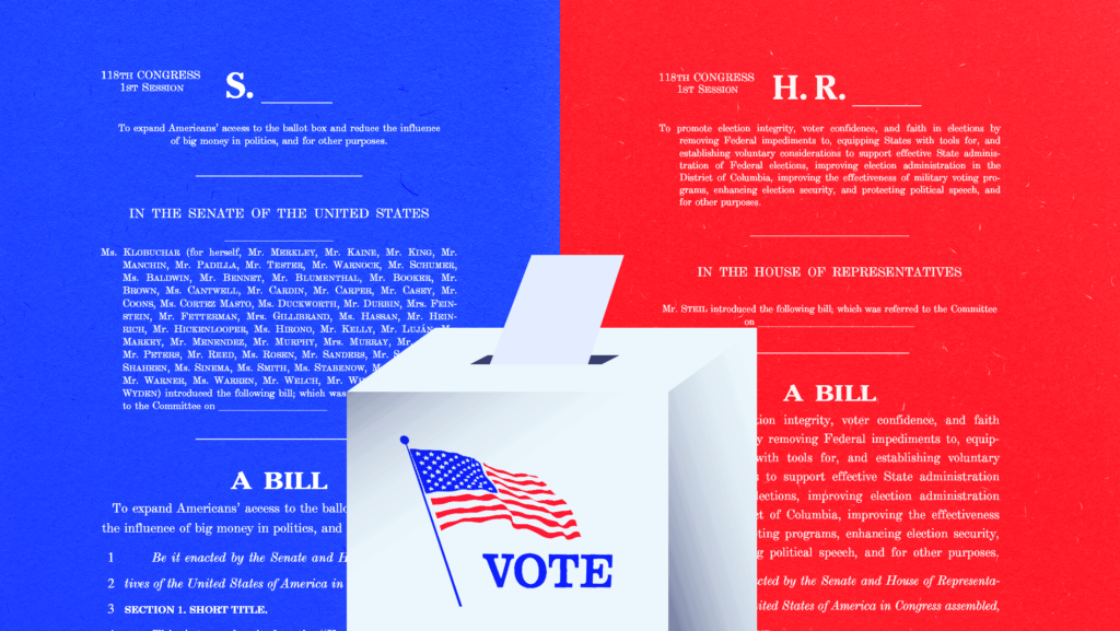 In the foreground is a white ballot box with an American flag and the word 'VOTE' written on it. In the background are the two blues, a blue-toned Freedom to Vote Act on the left and a red-toned ACE Act on the right.