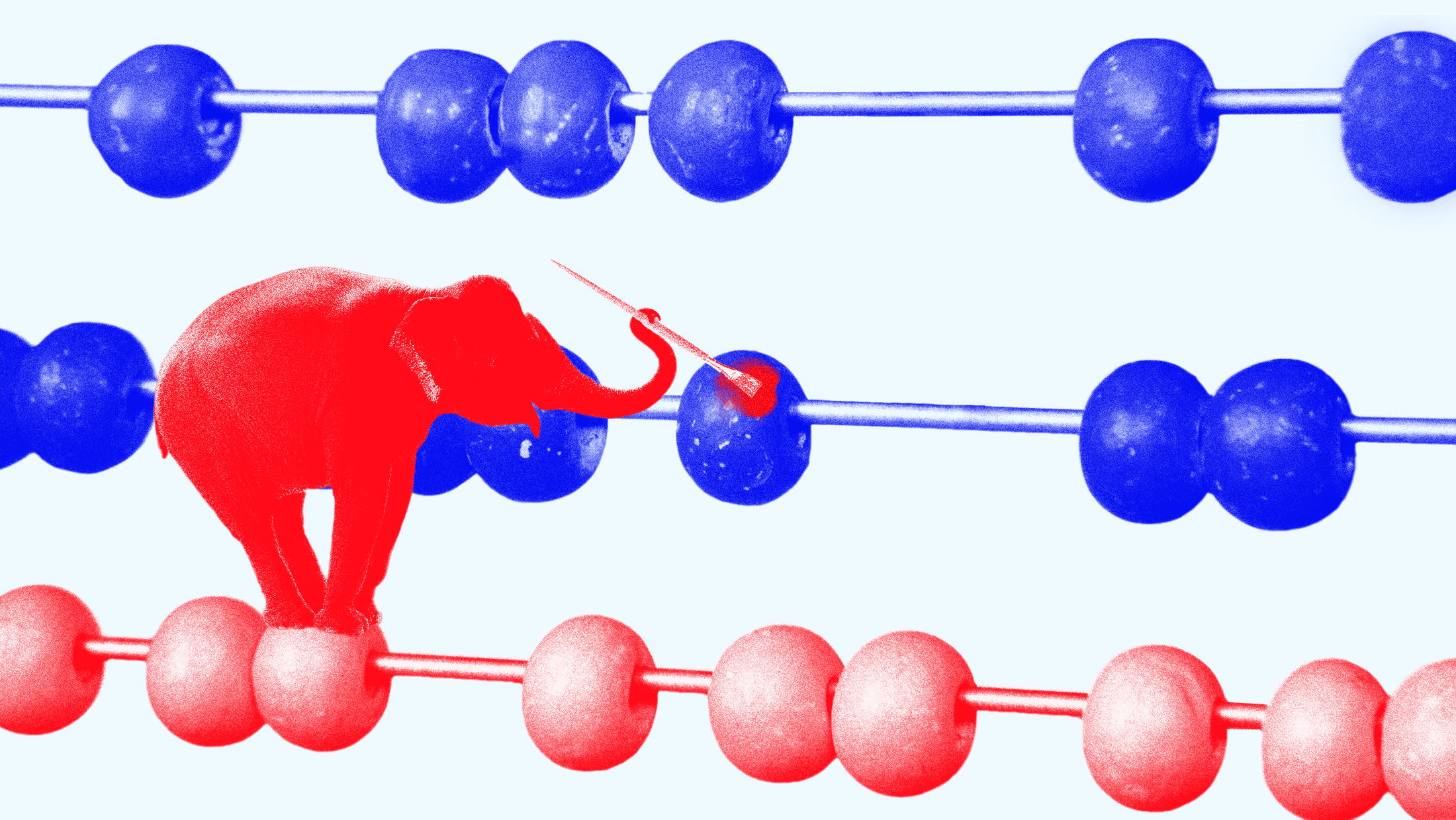 Light blue background with an abacus where the top two rows are painted blue and the bottom row is painted red and an elephant stands on the bottom red row and is painting one of the blue rows red.