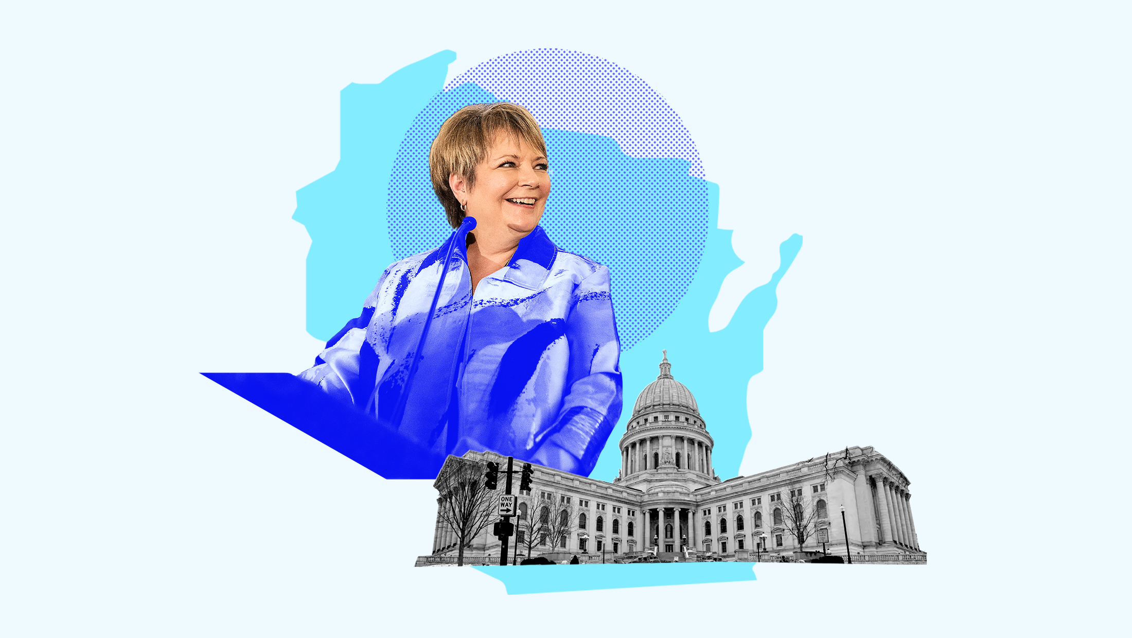 Light blue background overlayed by a collage of the outline of Wisconsin, a circle made of small dots and Janet Protasiewicz smiling.