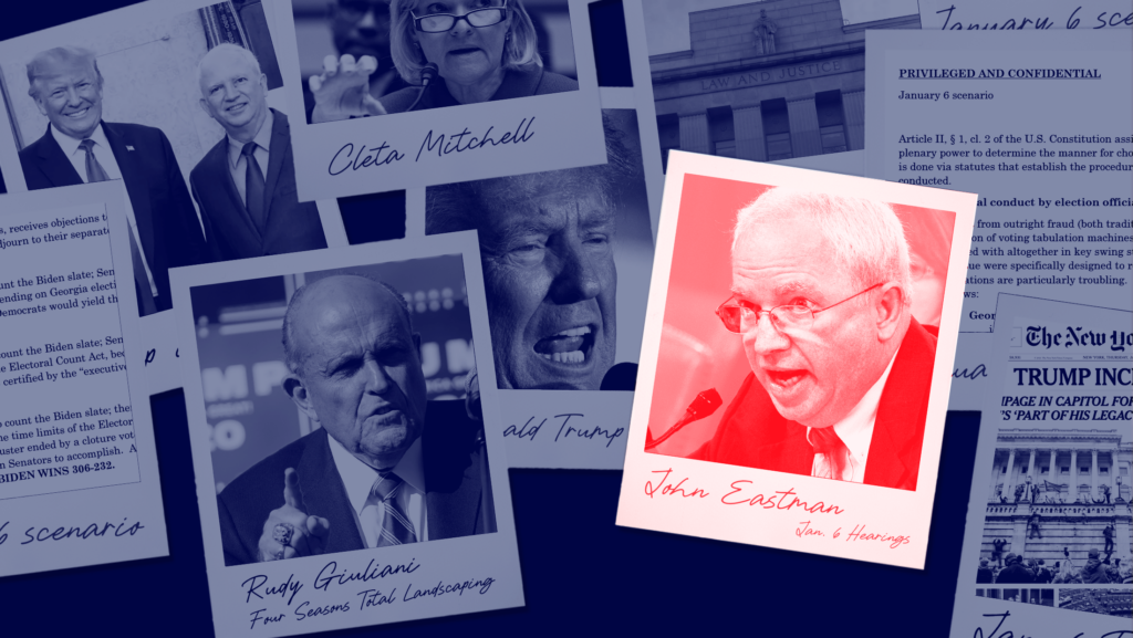 In the foreground, a red-toned polaroid of John Eastman with text below the image that says "John Eastman Jan. 6 Hearings". In the background are blue-toned images, including a polaroid of Rudy Giuliani with text below the image that says "Rudy Giuliani Four Seasons Total Lanscaping". Images of Cleta Mitchell, the Eastman memo, and a front page article of Trump's indictment are also in the background.