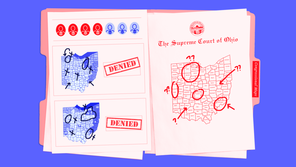 Blue background with red-colored manila folder titled "Congressional Maps" and a red piece of paper on the left hand side with a breakdown of the Ohio Supreme Court justices' political affiliations and two iterations of Ohio's congressional maps that were denied; and a red piece of paper on the right hand side on Ohio Supreme Court letterhead with the map of Ohio marked up with circles and question marks.
