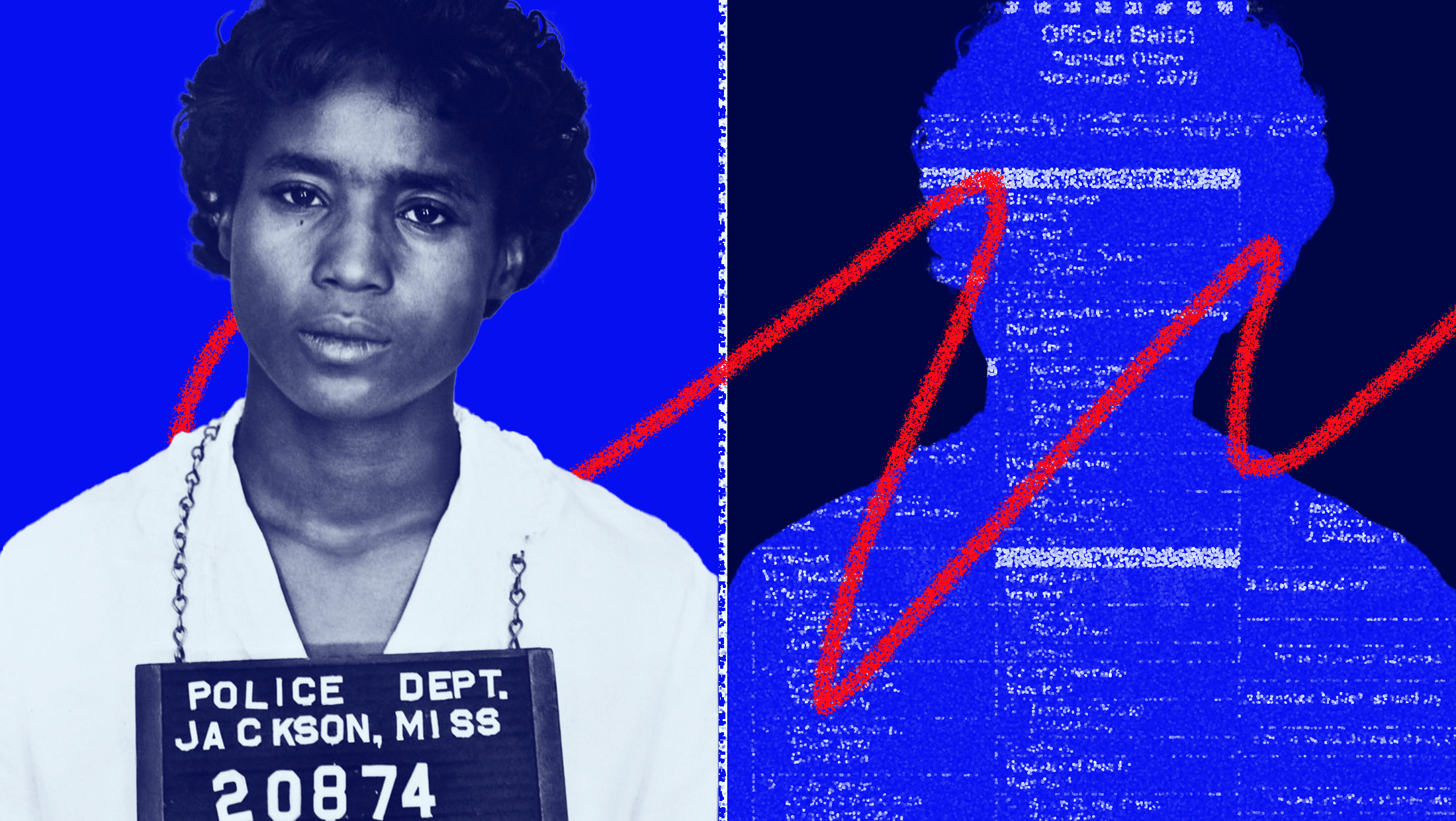 Blue background with a black and white mugshot of one of the Freedom Riders and a silouette on the right hand side with red scribble across the whole graphic.