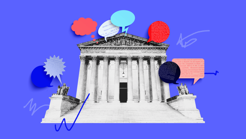 The front facade of the U.S. Supreme Court, with different colored thought bubbles and blurbs spread throughout, some with text from the Allen v. Milligan ruling, in front of a blue background.