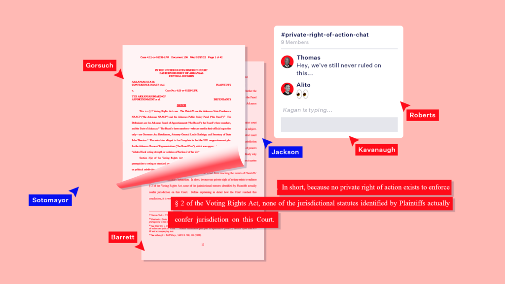 A chatbox with the justices discussing the private right of action, excerpts from an Arkansas ruling and cursors labeled with the justices' names on a light red background.