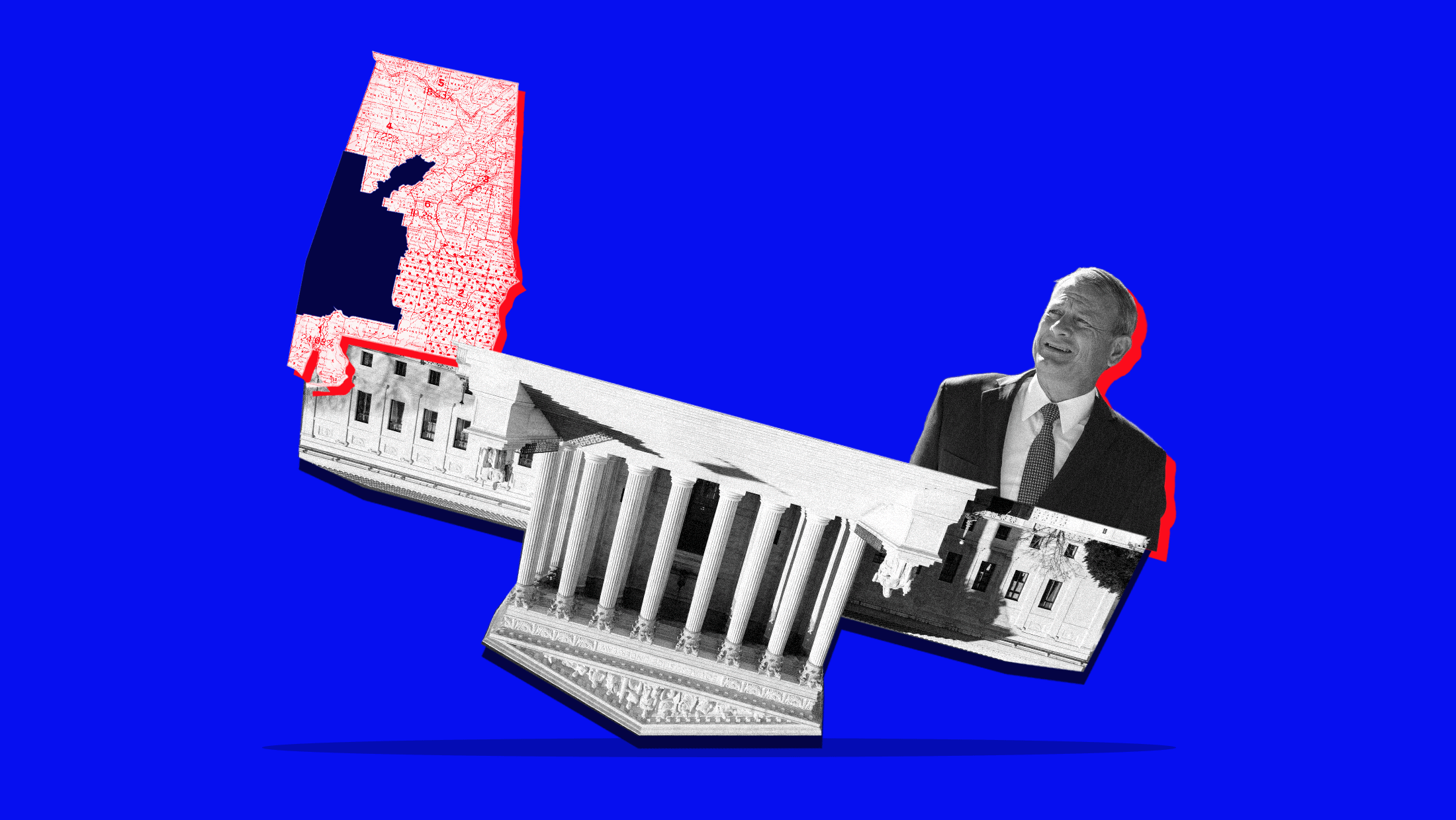 Blue background with image of U.S. Supreme Court upside down, a map of Alabama toned in red to the left and an image of Chief Justice John Roberts to the right.