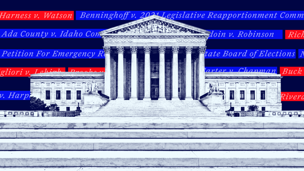 The steps leading up to the U.S. Supreme Court on a dark blue background surrounded by the names of cases from this term, with good outcomes colored blue and bad outcomes colored red.