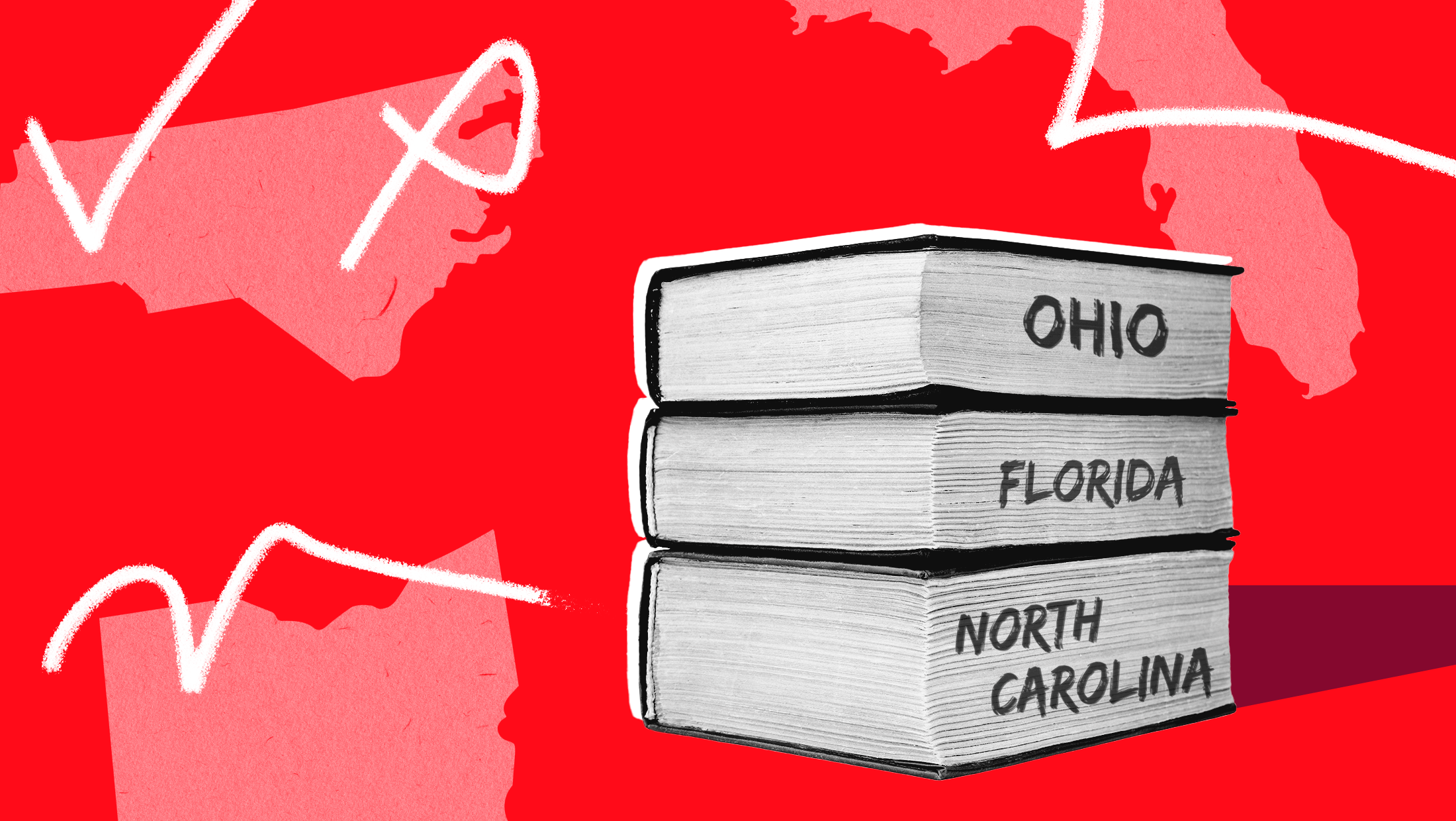 Three books stacked on top of each other with white pages, reading Ohio, Florida and North Carolina on the side of each book, in front of a red background with outlines of the 3 states.