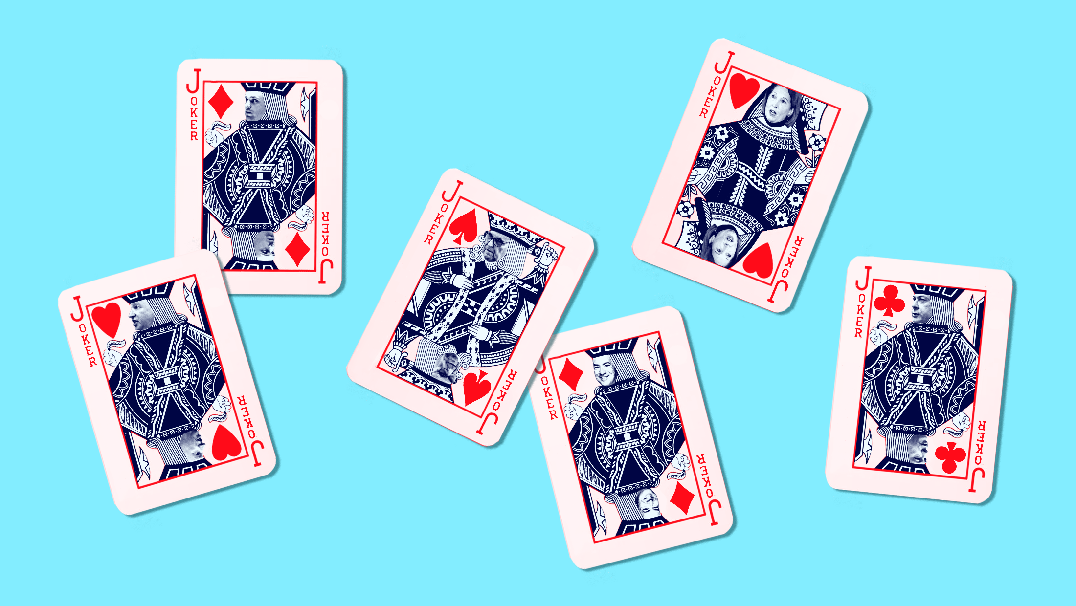On top of a bright blue backrgound are six red-toned joker cards with the faces of the six likely co-conspirators in Trump's Washington, D.C. indictment.