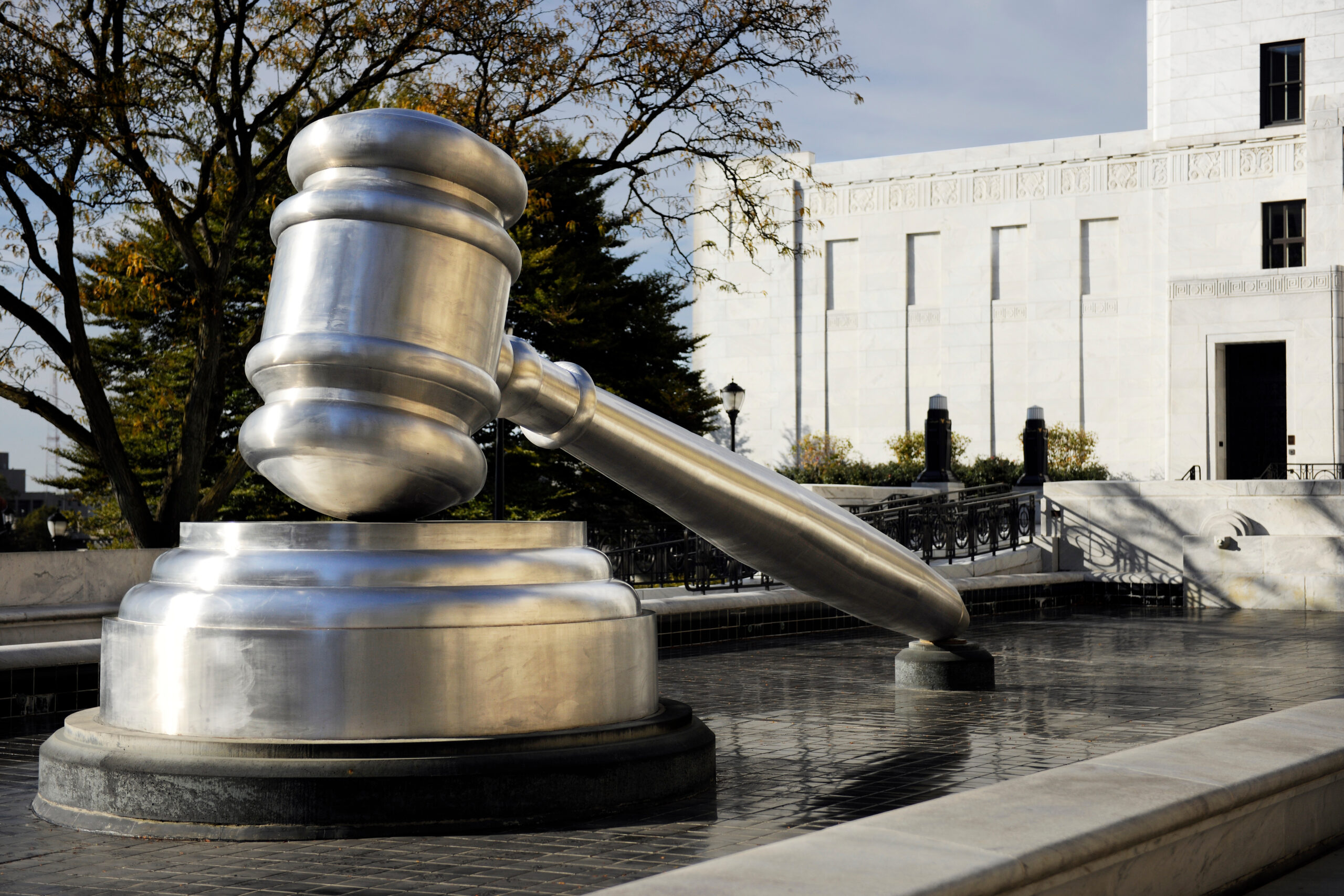 Close-up view of the giant gavel outside the Hall of Justice in Columbus, OH. (Adobe Stock)