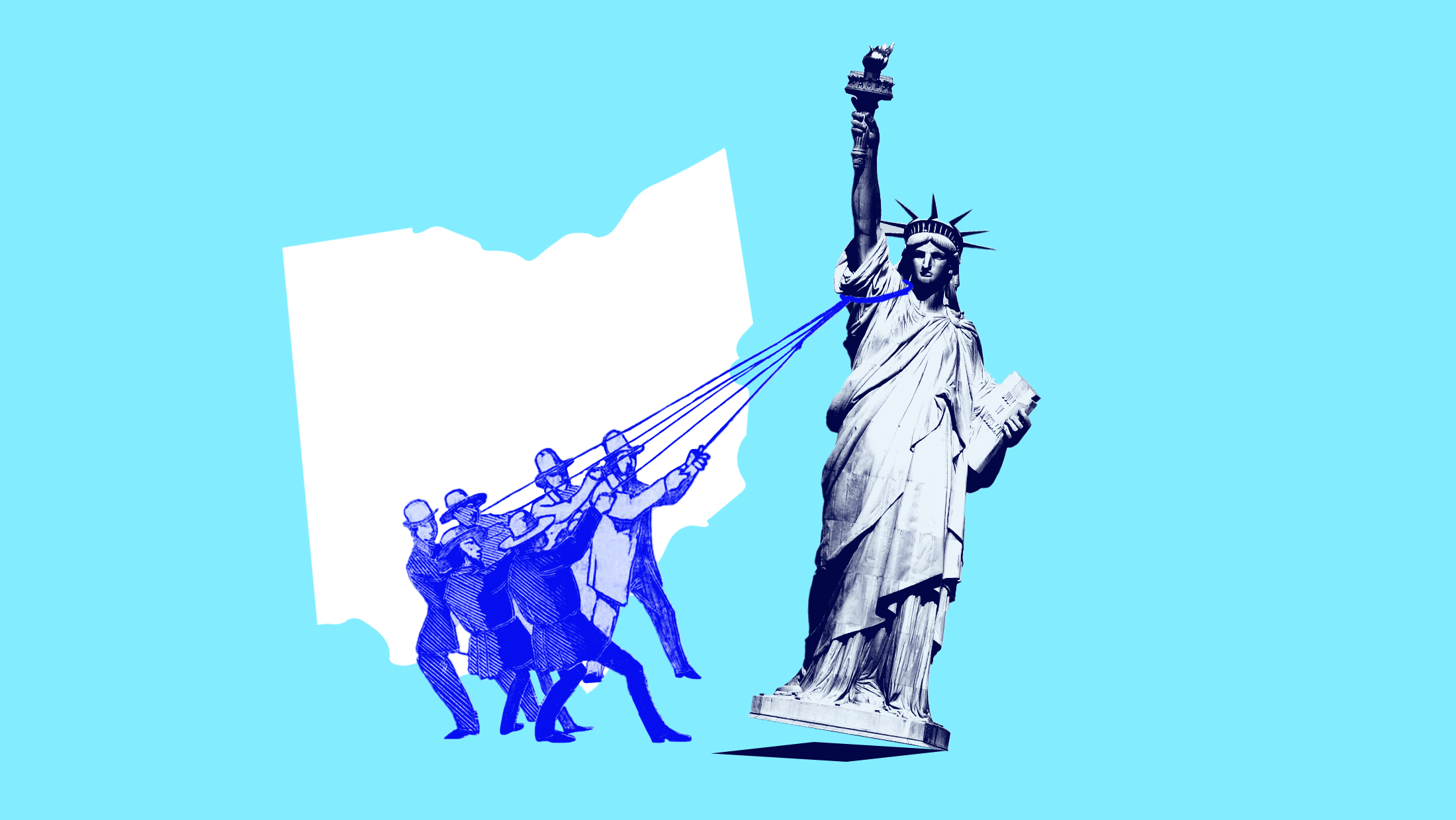 Light blue background with Statue of Liberty falling to the side and blue-toned figures pulling it back into place with ropes and a white-toned image of the shape of Ohio.