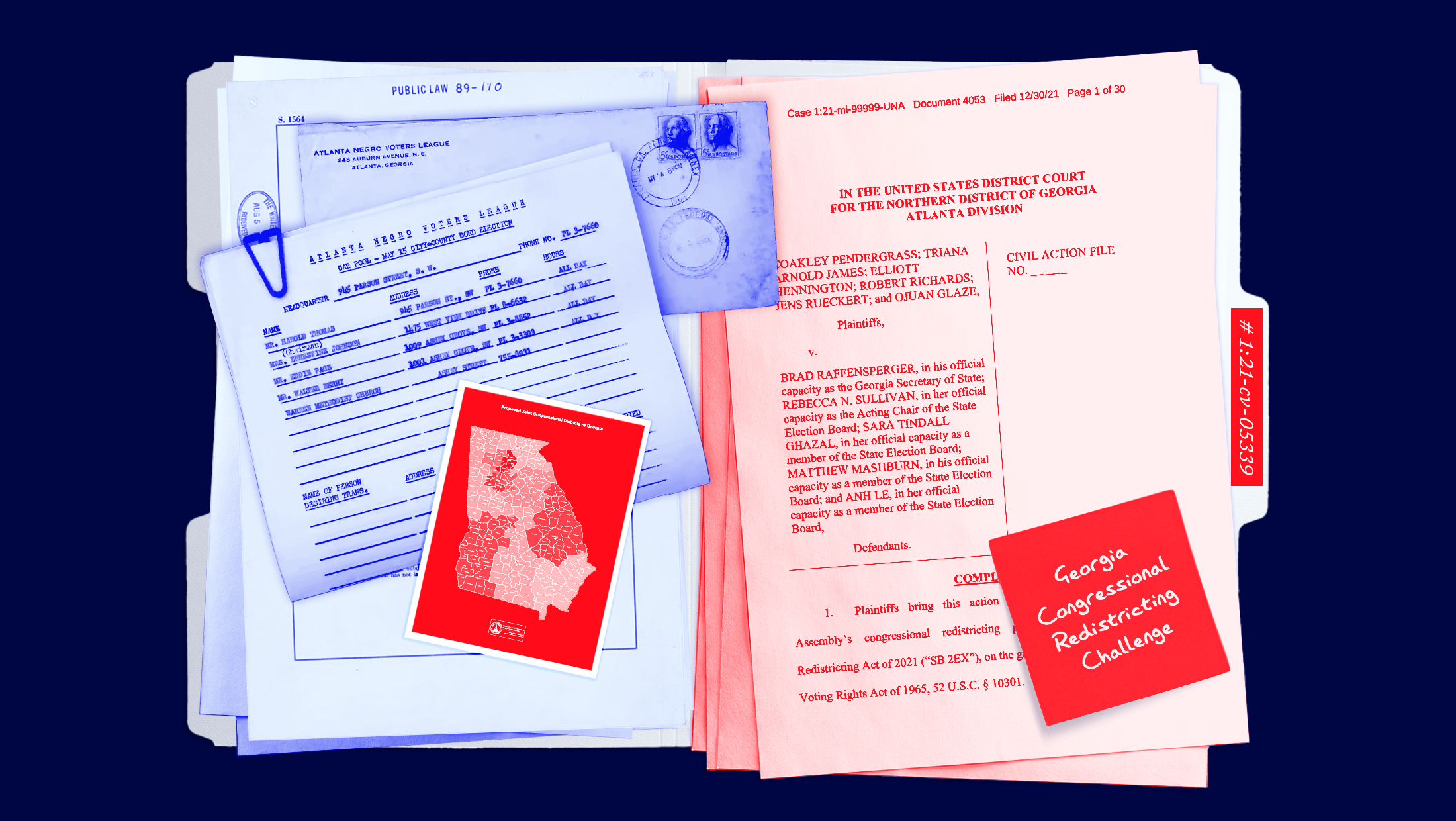 A binder with a blue side on the left depicting a bond election paper, a blue envelope and a red map of Georgias congressional districts. On the right side a red copy of the complaint in the Georgia Redistricting Challenge