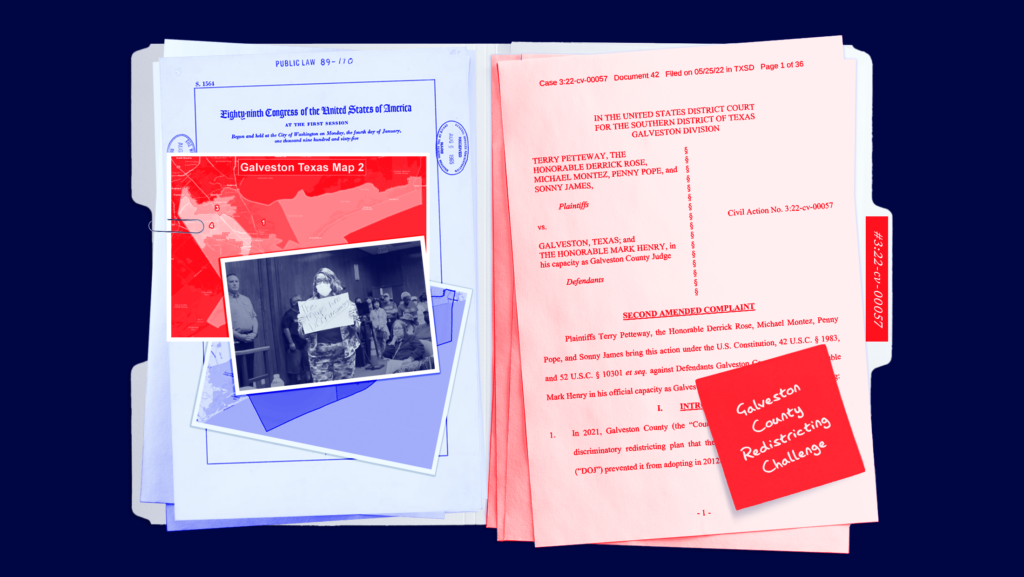 An open-face manilla file folder that is blue toned on the left side and red toned on the right side. On the blue side, there is a copy of the Voting Rights Act of 1965, a map of the Galveston County Commissioners Court districts and a photo of a woman at a protest holding a sign that reads “The maps are discriminatory.” On the right side, there is a court filing in the case Petteway v. Galveston County. On the filing, there is a sticky note that reads “Galveston County Redistricting Challenge.” Finally on the tab on the right-hand side of the manilla file folder, there is the case number, 3:22-cv-00057.