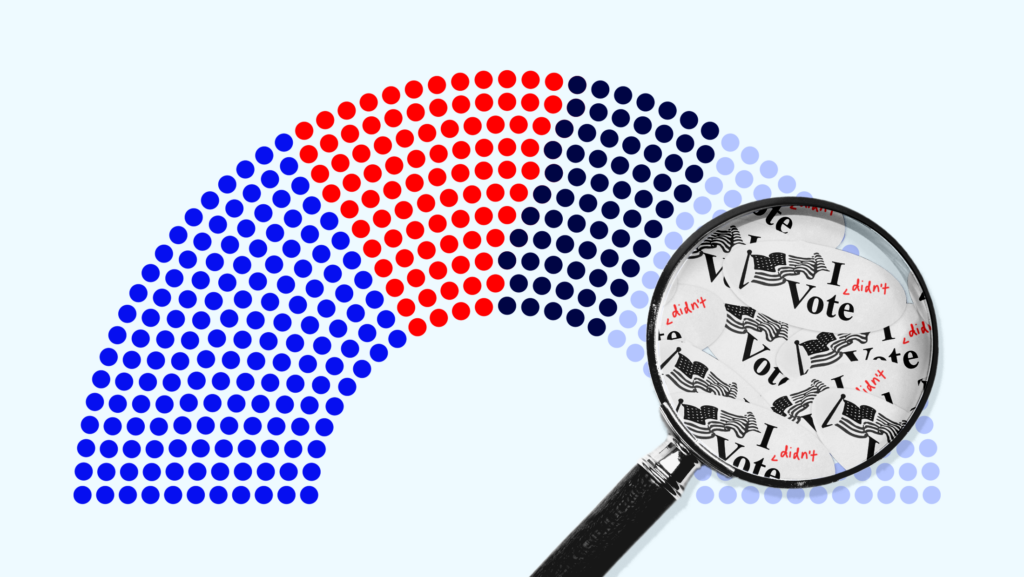 Light blue background with blue, red, dark blue and light purple toned dots representing the number of seats in the U.S. House of Representatives and a magnifying glass that reveals "I Voted" stickers.