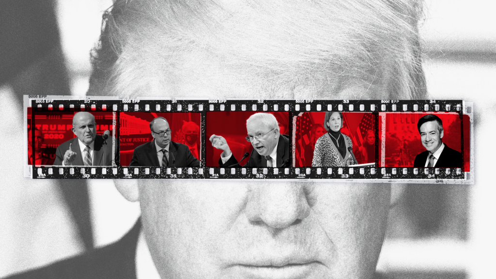Black and white image of Donald Trump taking up the entire width of the image and a photo reel crossed over his eyes that includes images of the purported five coconspirators listed in the Aug. 1, 2023 indictment, from left to right: Rudy Giuliani, Jeffrey Clark, John Eastman, Sidney Powell and Kenneth Chesebro.