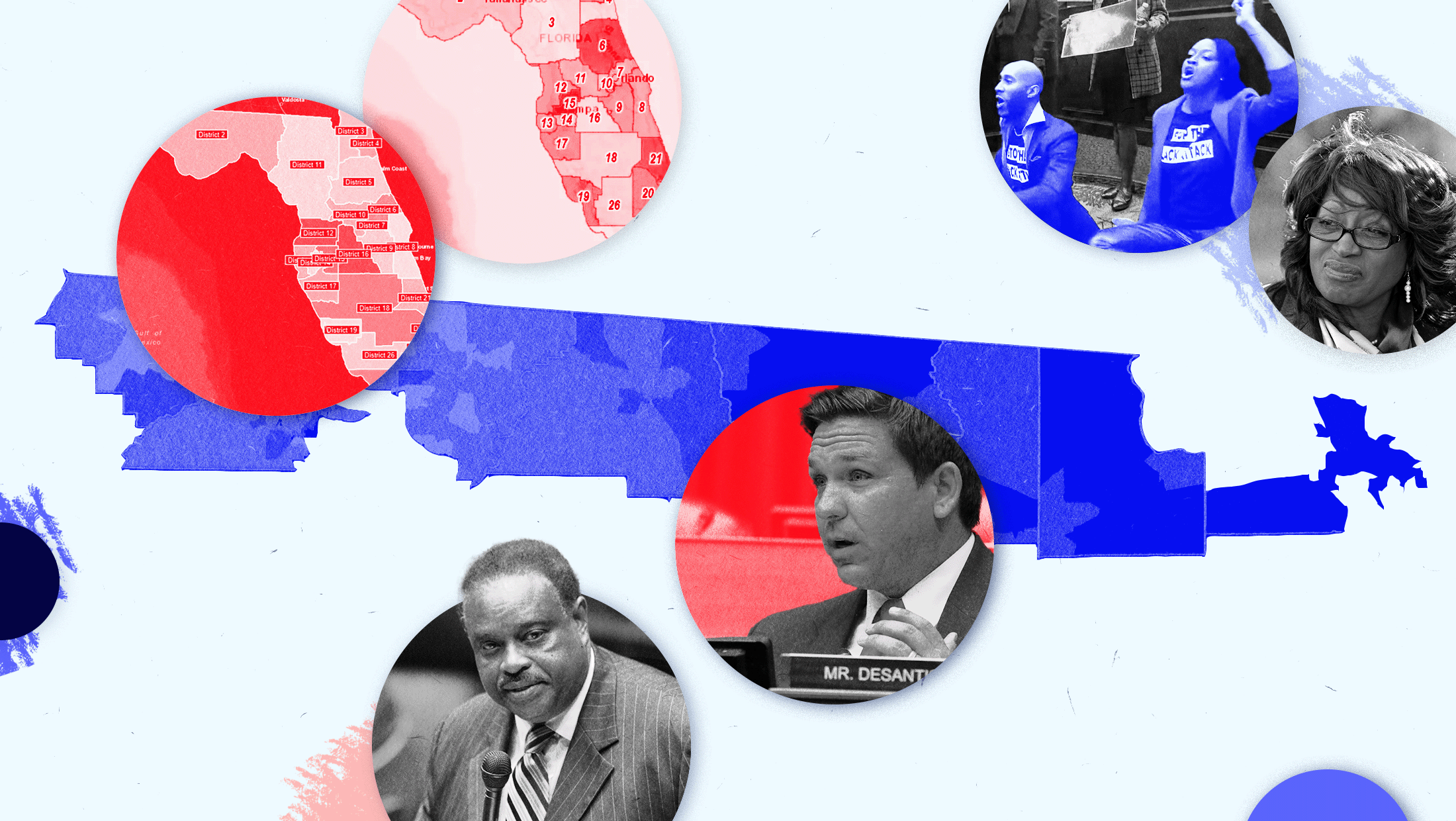A collage of 6 circular pictures, featuring Desantis, Brown, Lawson, the Florida Legislature sit in, and two pictures of Florida's maps. Light blue background with an overlay of the old 5th Congressional District