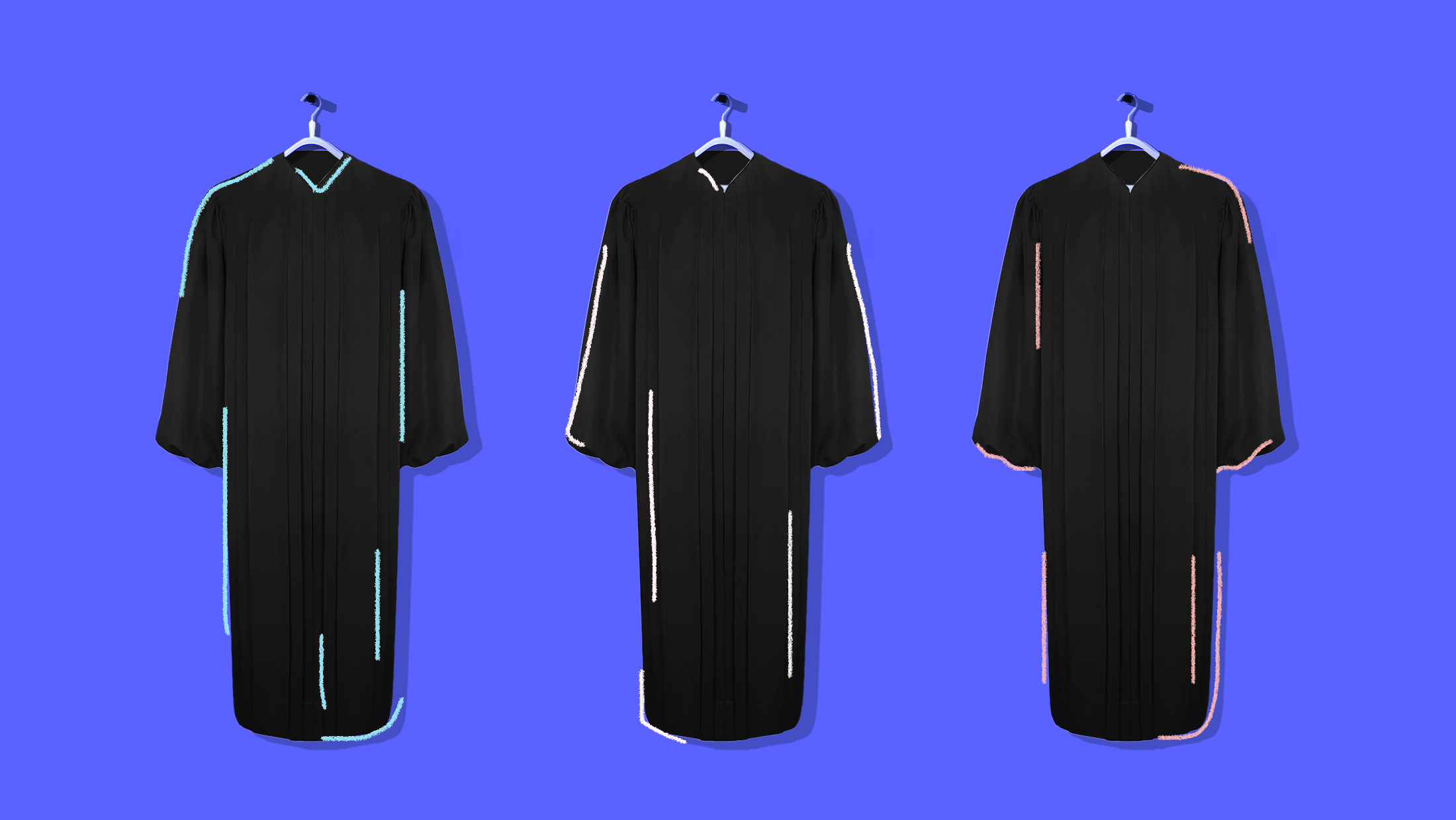 Blue background with three black-toned judicial robes.