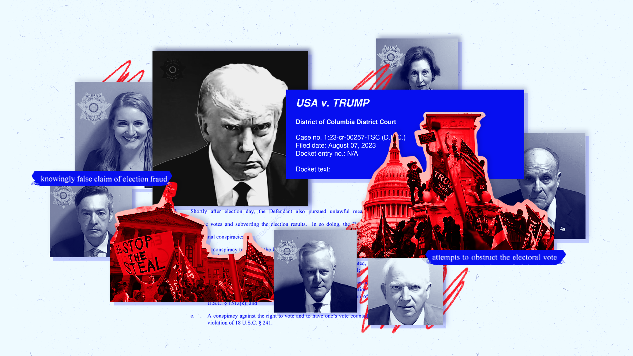 Light blue background with elements relating to former President Donald Trump's indictments, specifically with images of Trump's mugshot, Jenna Ellis' mugshot, John Eastman's mugshot, Mark Meadows' mugshot, Rudy Giuliani's mugshot, Sidney Powell's mugshot and Kenneth Chesebro's mugshot. Also included are red-toned images of Jan. 6 and Stop the Steal rallies and a blue-toned screenshot of the USA v. Trump case.