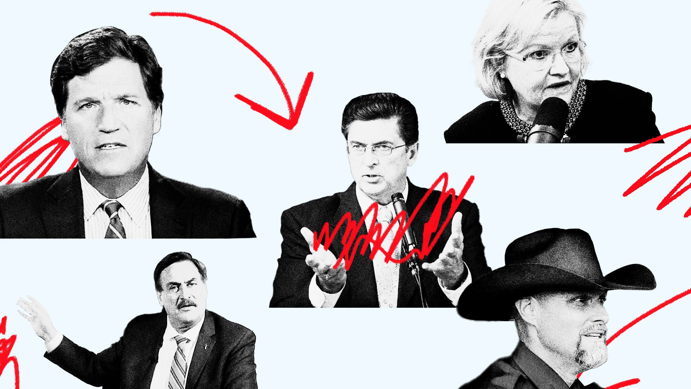 Light blue background with black and white toned headshots of former Fox News pundit Tucker Carlson, Mike Lindell, ex-sheriff Richard Mack, Cleta Mitchell and Pinal County, Arizona Sheriff Mark Lamb with red scribbles and arrows throughout.