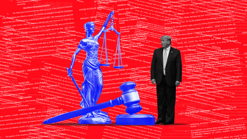 Trump standing next to a blue judges hammer and blue scale, in front of a red background.
